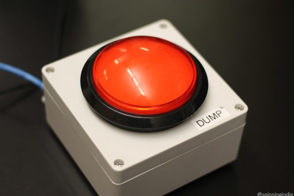 Red dump button at high school radio station KASB. Photo: J. Waits/Radio Survivor