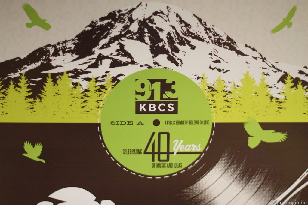 KBCS record album-themed graphic. Inside label reads: 91.3 KBCS, Side A, A public service of Bellevue College, celebrating 40 Years of music and ideas. Photo: J. Waits/Radio Survivor