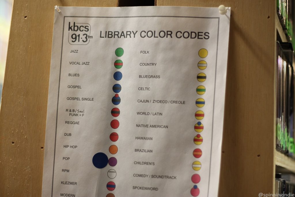 KBCS library color codes list, including jazz (green), vocal jazz (green with red line), blues, (blue), etc. Photo: J. Waits/Radio Survivor