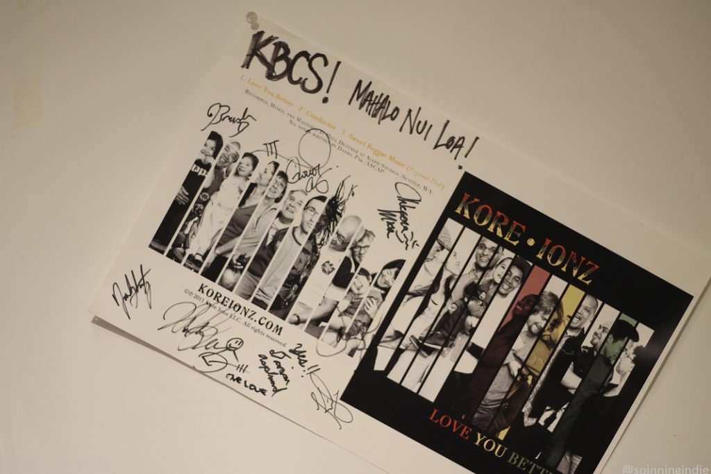 "KBCS! Mahalo Nui Loa!" written on promotional poster on wall at KBCS. Photo: J. Waits/Radio Survivor