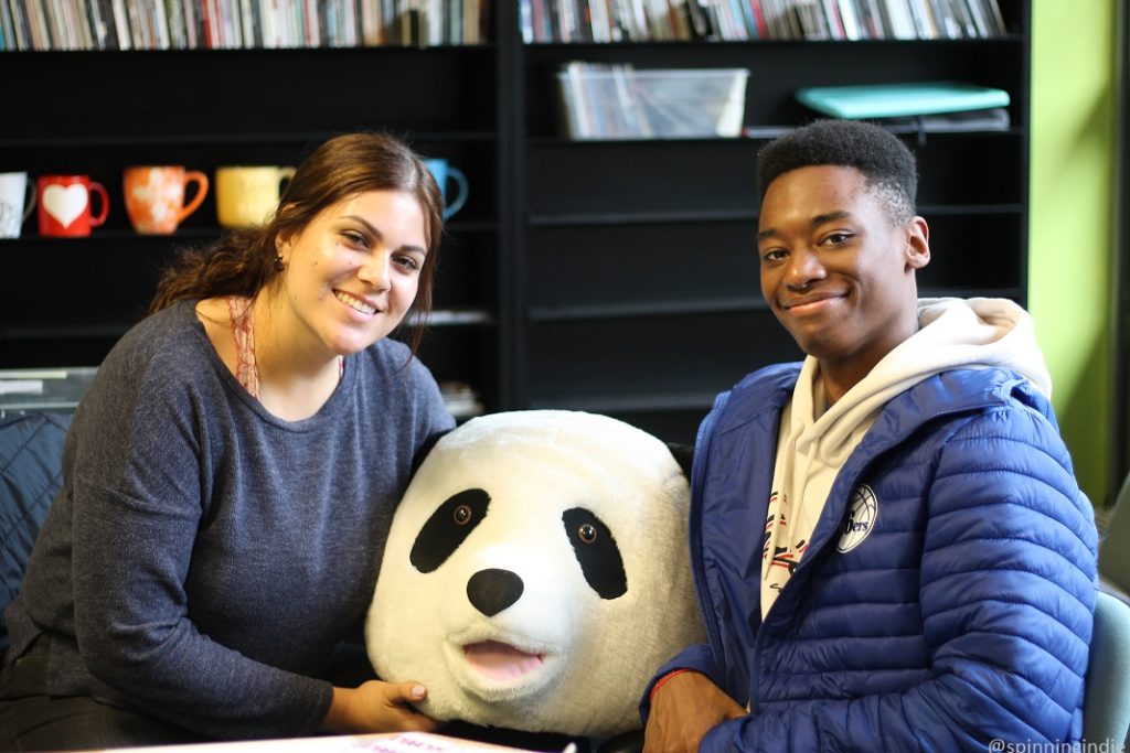 Taylor Muñoz and Michael Miller with KSPU's fuzzy panda head. Photo: J. Waits/Radio Survivor