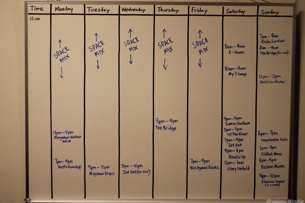 October, 2018 program schedule at KMGP-LP written on dry-erase board. Photo: J. Waits/Radio Survivor