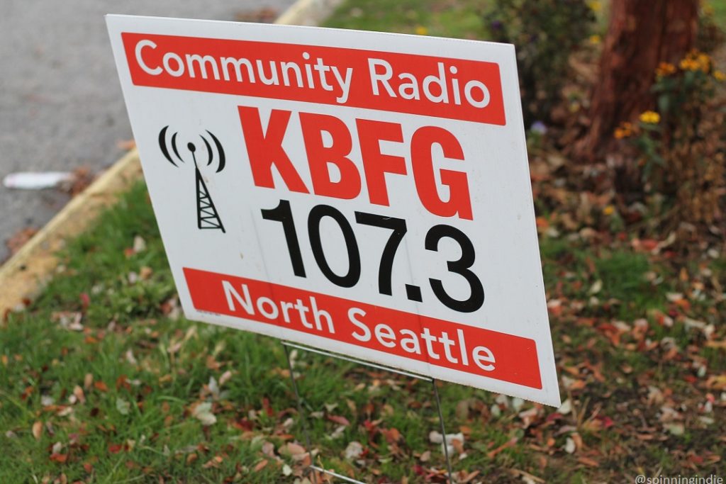 Sign in grass that reads "Community Radio KBFG 107.3 North Seattle." Photo: J. Waits/Radio Survivor