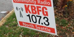 LPFM community radio station KBFG sign posted in ground at its former Shack location. Photo: J. Waits/Radio Survivor