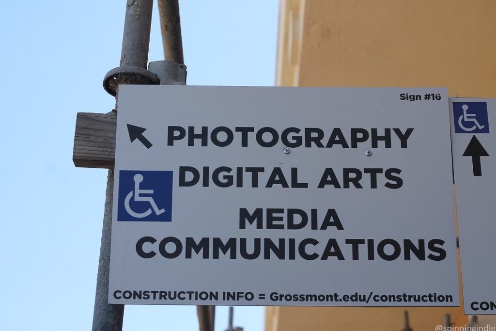 Sign at Grossmont College that reads: Photography, Digital Arts, Media Communications sign with arrow pointing to the left and "Construction info" link for Grossmont College. Photo: J. Waits/Radio Survivor