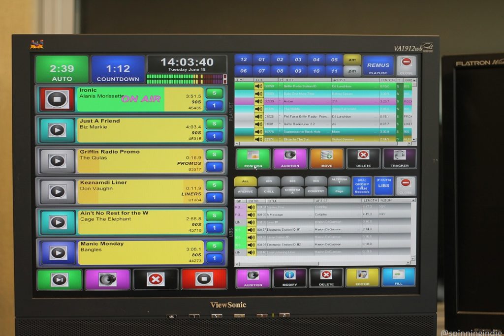 Computer monitor at Griffin Radio displaying tracks playing. Artists include Alanis Morrissette, Biz Markie, The Qulas, Don Vaughn, Cage the Elephant and Bangles. Photo: J. Waits/Radio Survivor