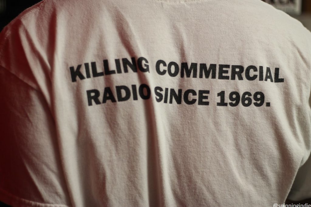 Back of KCR T-shirt reads "Killing Commercial Radio Since 1969." Photo: J. Waits/Radio Survivor