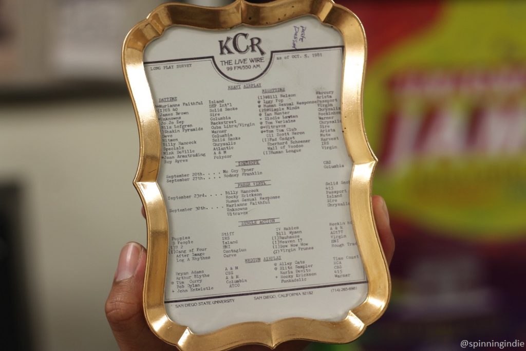 1981 KCR airplay survey housed in a small frame. Reads in part: "KCR the Live Wire 99FM/550 AM long play survey as of Oct. 5, 1981." Photo: J. Waits/Radio Survivor