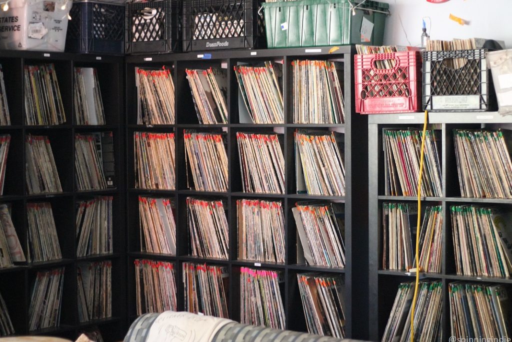 Shelves full of LPs at college radio station KSDT. Photo: J. Waits/Radio Survivor