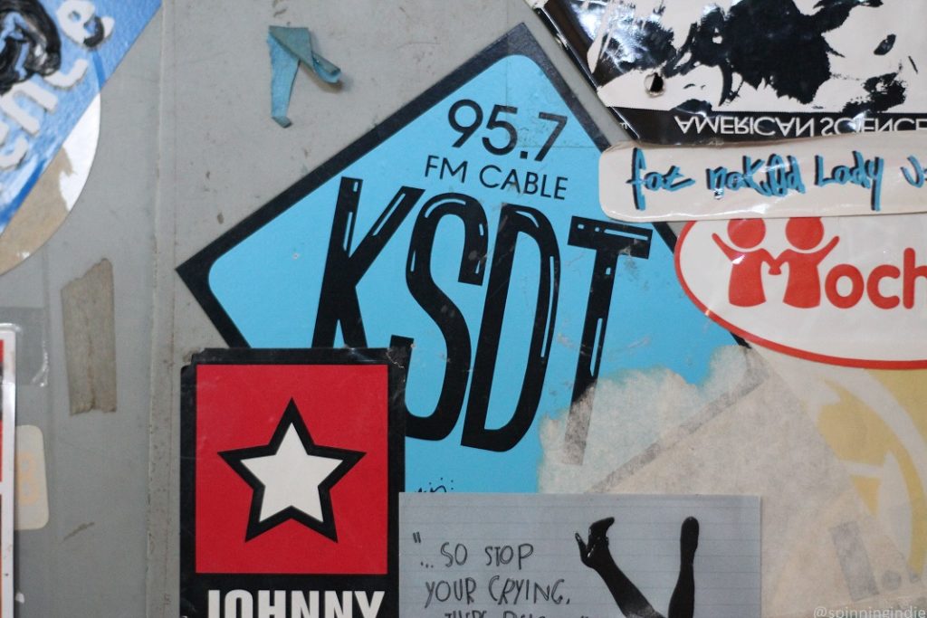 Vintage KSDT sticker that reads "95.7 FM CABLE KSDT" at the college radio station. Photo: J. Waits/Radio Survivor