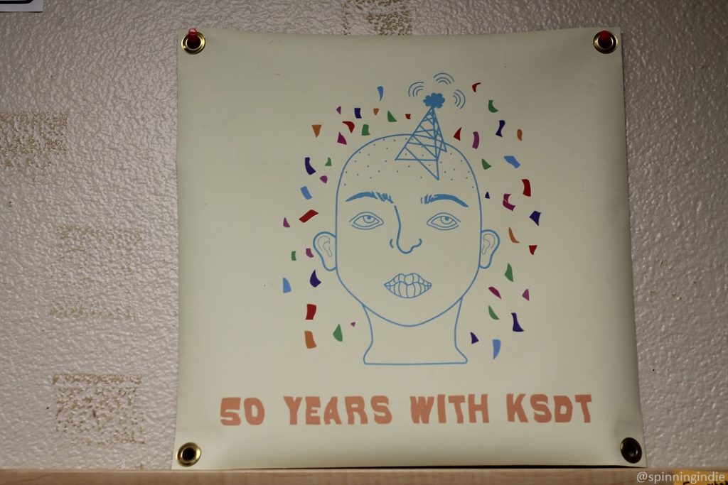 50th anniversary sign on wall at college radio station KSDT. Photo: J. Waits/Radio Survivor