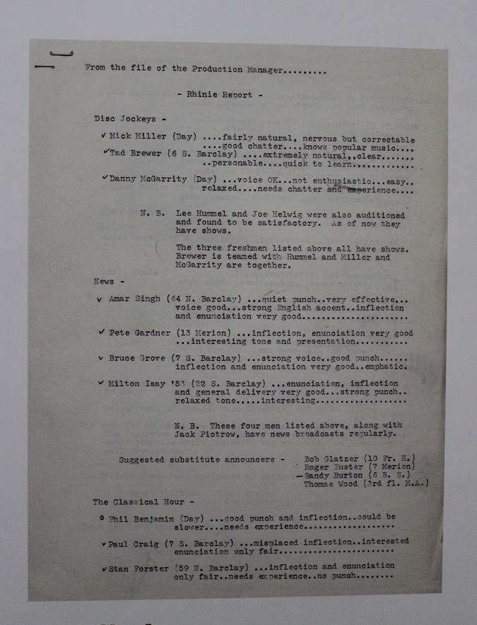 Image of production manager's report at Haverford College student radio station WHRC in the early 1950s. The "Rhinie Report" gives reviews of the performance of various student radio disc jockeys. Photo: J. Waits