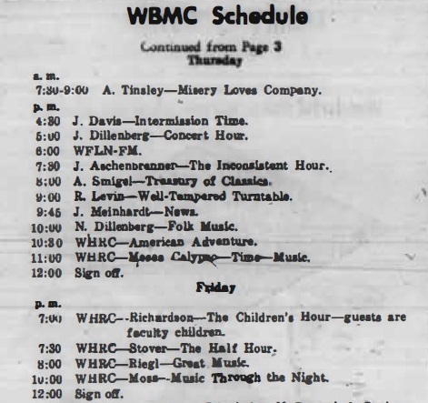 WBMC Schedule. A partial listing of the programming on Bryn Mawr College radio station WBMC in the 1950s.