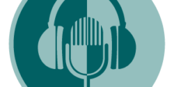 PodcastRE logo - micorphone with headphones over it