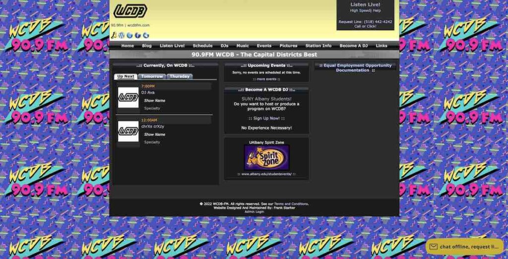 Screen shot of WCDB homepage. Purple background with station call letters and 90.9 FM in angular style graphic in yellow, turquoise and hot pink.