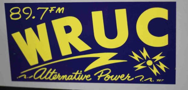 WRUC Alternative Power 89.7 FM sticker at college radio station WRUC. Photo: J. Waits