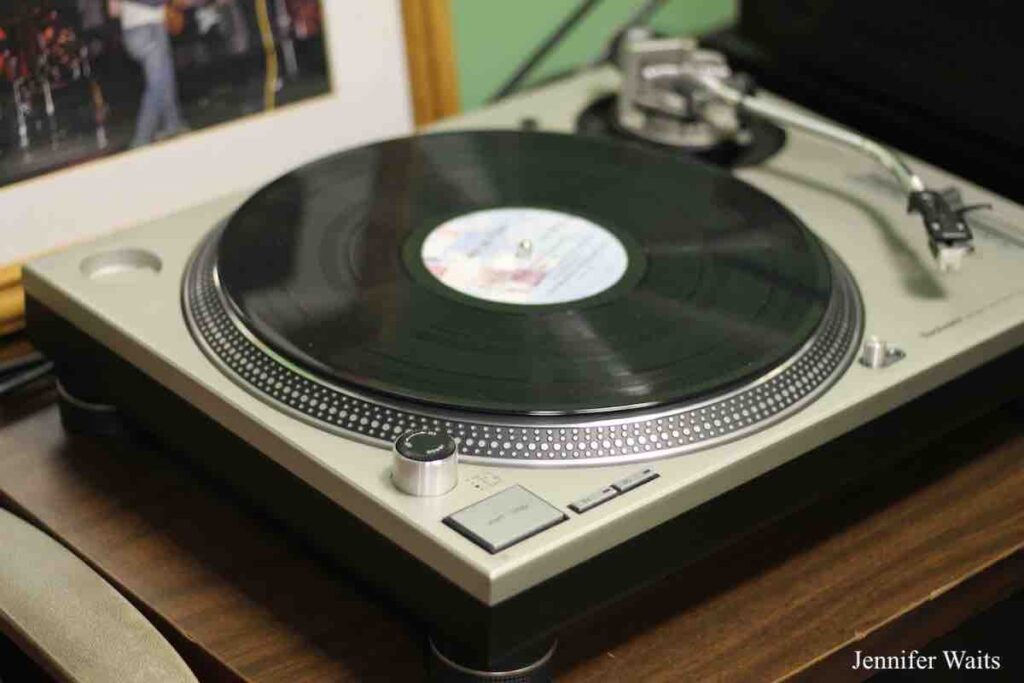 Photo of turntable with 12" vinyl record on it at college radio station WRUC. Photo: J. Waits