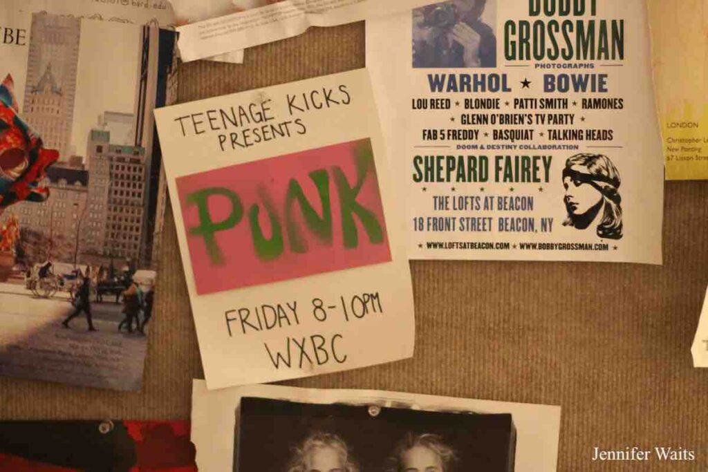 Photo of flyers on wall at college radio station WXBC. "Teenage Kicks Presents: PUNK Fridays 8-10PM WXBC" reads one. Photo: J. Waits