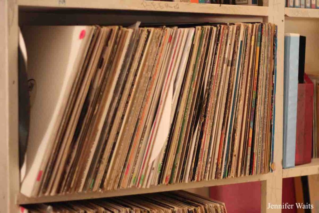 Photo of a shelf of vinyl records at college radio station WXBC. Photo: J. Waits