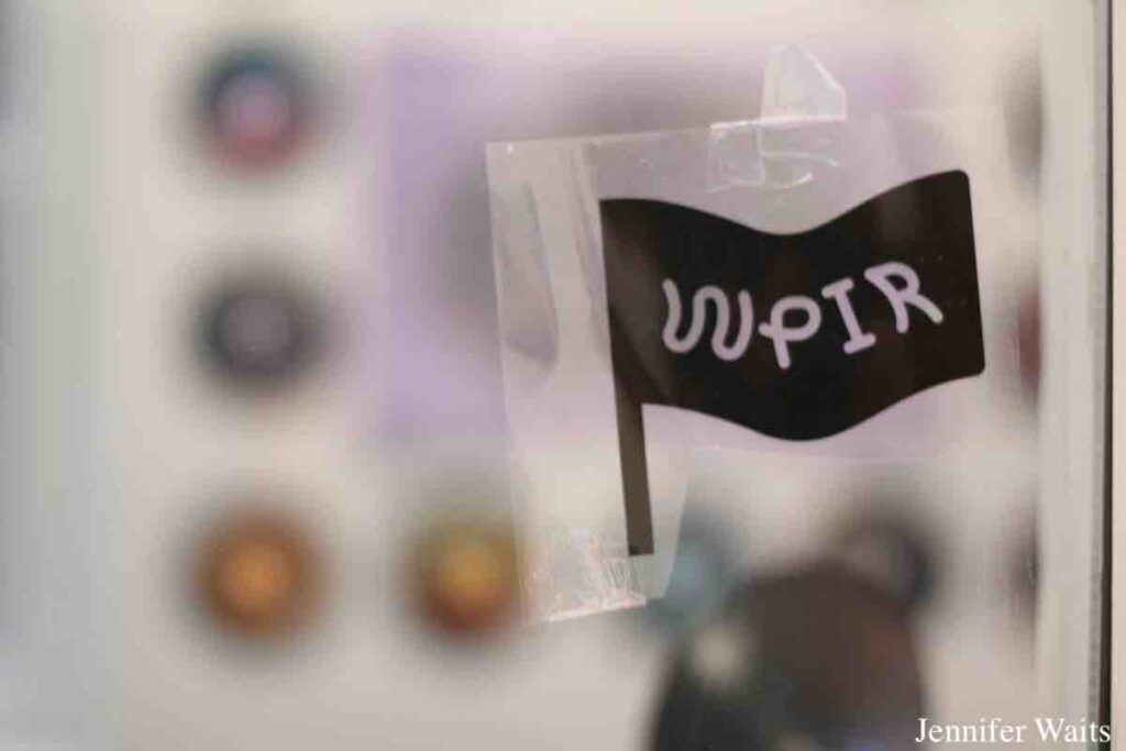 WPIR logo on the window of the college radio station at Pratt Institute. Photo: Logo is a black flag with WPIR on it in white letters. J. Waits