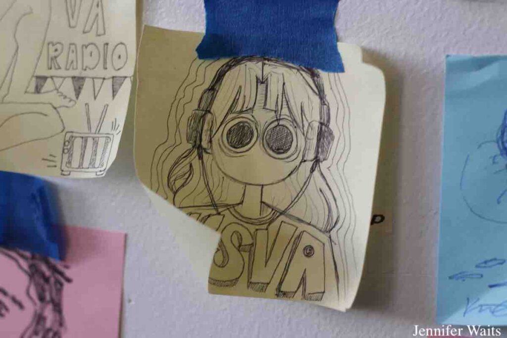 Drawings posted on the wall of college radio station WSVA. Photo: J. Waits