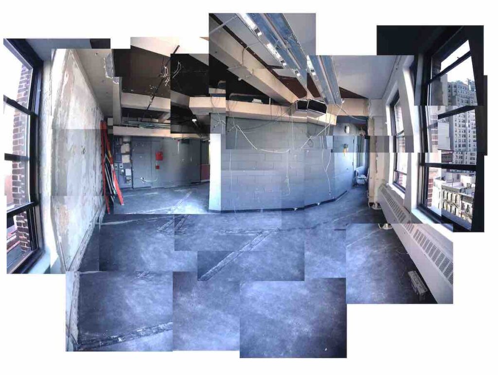 College radio station WSVA on April 24, 2001, amid renovation work. Pictured are a series of overlapping photos of an empty radio station space, with views out the windows of New York City. Photo: Noah Kalina