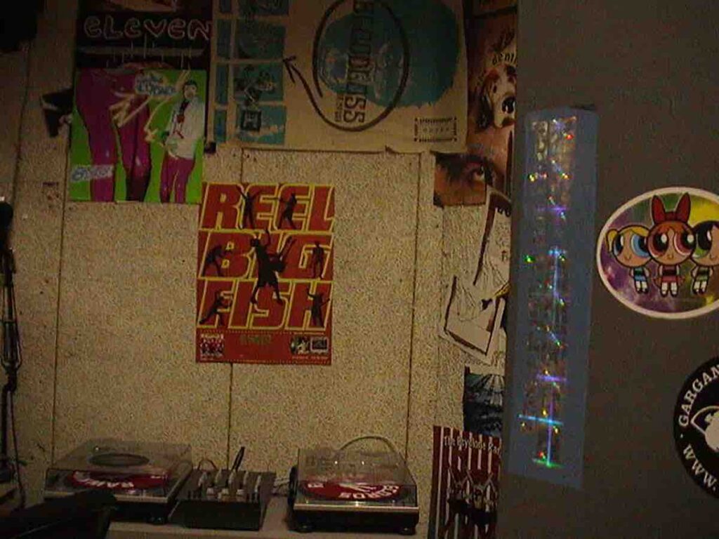 College radio station WSVA in April, 2001. Pictured: Reel Big Fish poster on the wall, Eleven poster on the wall, two turntables on a counter. Photo: Noah Kalina