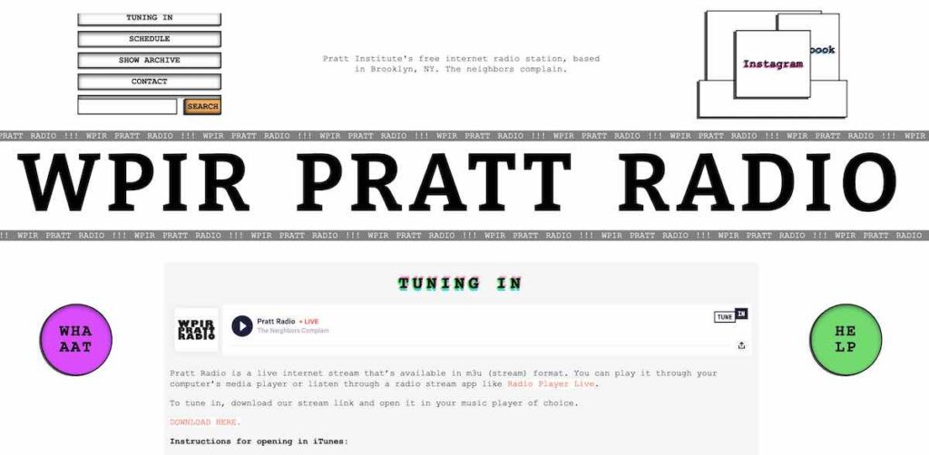 Screenshot of college radio station WPIR Pratt Radio tumblr page. It has tuning in section for internet stream on TuneIn