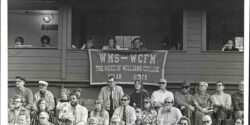 Photo of Williams College's radio station WMS-WCFM doing a remote sports broadcast from the early 1970s. Photo from WCFM archives