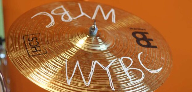 Photo of cymbal with WYBC written on it. From college radio station WYBCx. Photo: J. Waits