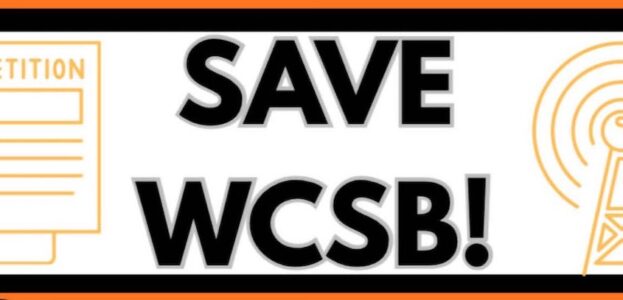 banner that reads Save WCSB! Radio tower drawing is to the right of the words. WCSB is the college radio station at Cleveland State University